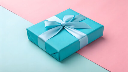 Obraz premium Turquoise gift box with light blue ribbon on pink and blue background