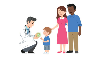 Doctor with a Child: A doctor is seen attentively examining a child, while the child's parents, standing close by, exude warmth and support, highlighting a strong family connection