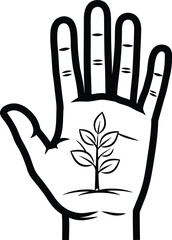 A minimalist illustration of a human hand nurturing a growing plant, symbolizing sustainability and eco-friendliness.
