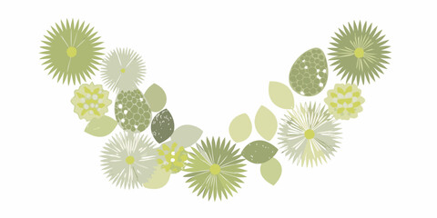 A decorative arrangement of stylized green plants and floral shapes