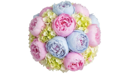 Isolated arrangement of pastel pink and blue peonies and hydrangeas in full bloom for spring