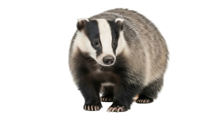 Isolated European badger, nocturnal omnivore mammal, standing facing forward, wildlife animal