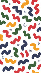Playful Patterns: A vibrant, eye-catching design features a lively arrangement of colorful, squiggly shapes with playful hearts, evoking a sense of fun and modern art.