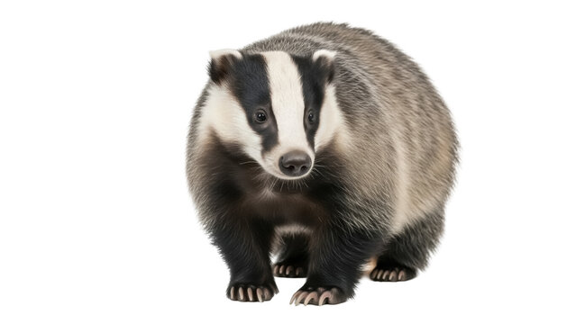 Isolated European badger, nocturnal omnivore mammal, standing facing forward, wildlife animal