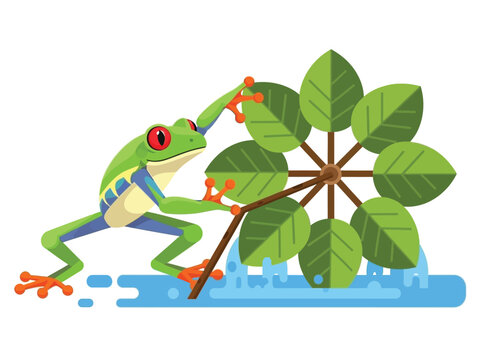 A vibrant red-eyed tree frog operates a rustic water wheel made of green leaves, splashing water in a whimsical scene.