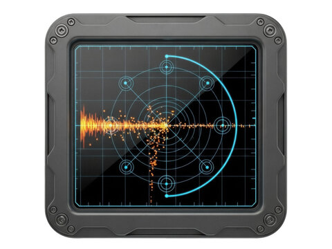 Isolated futuristic monitoring device showing a radar screen, computer graphics effect - Powered by Adobe