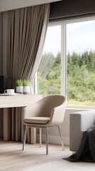 Fototapeta premium Spacious and light-filled room with large windows showcasing a tranquil view and warm wooden floors, perfect for relaxation