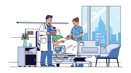Healthcare team assisting a Patient: A doctor and a nurse provide attentive care to a patient in a modern hospital room, exemplifying medical expertise and compassion.