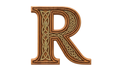 Isolated ornamental letter R with wood texture and woven Celtic knot design feature