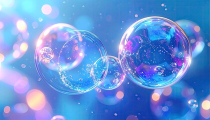 Iridescent, translucent bubbles float in a blue ambiance