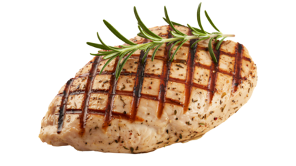 Grilled chicken breast with rosemary on white background, seasoned and cooked to perfection with visible grill marks