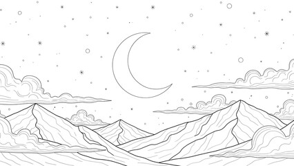 Minimalist line art of mountains beneath a crescent moon and starry sky creates peaceful landscape