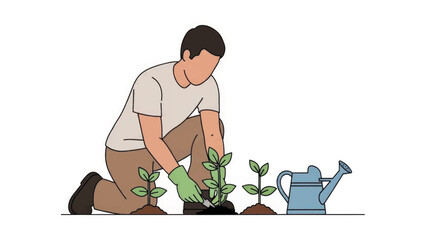 Person gardening and planting seedlings in soil. Flat design vector illustration of a gardener at work. Horticulture and sustainability concept