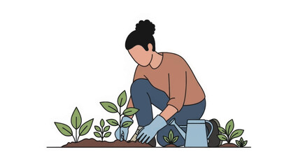Illustration of a person gardening and planting a seedling. Minimalist flat design character for environmental and sustainability concepts. Vector graphic isolated on white background