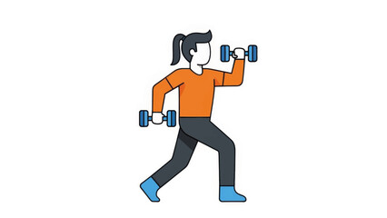 A woman exercising with dumbbells. Flat design vector illustration for fitness and strength training. Simple workout character icon isolated on white background.