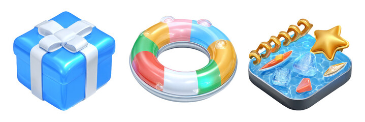 Vibrant Summer Symbols Including Gift Box, Lifebuoy, and Ice in Water