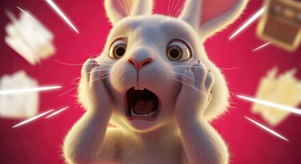 High-impact 3D animation banner featuring an astonished white bunny mascot wide-eyed and screaming, conveying urgency or major announcement on a pink background.