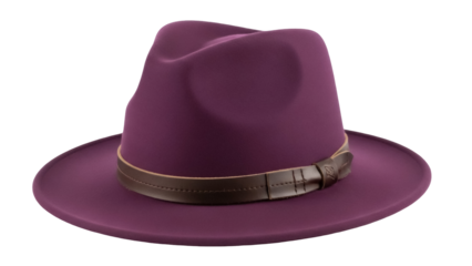 Isolated fedora hat in purple felt with brown leather band and details for fashion accessories