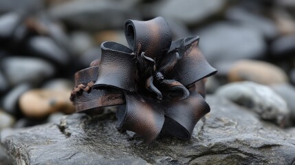 Handcrafted leather adornment fashioned into a stylized flower rests on wet stone outdoors