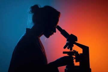 Silhouette of a female scientist working with a microscope.