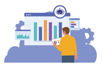 Man analyzing financial data with AI technology. AI robot assistant for data analysis, stock trading and investment