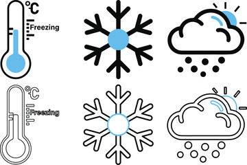 Winter Weather Icons Set with Freezing Temperature Snowflake and Cloud Vector
