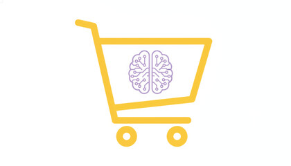 AI shopping cart icon with a circuit brain. Flat vector illustration for smart retail and neuromarketing. Consumer psychology symbol