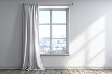 Brightly lit interior space features a single draped window overlooking an urban scene