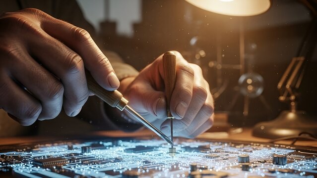 A technician meticulously works on a complex, glowing blue circuit board with precision screwdrivers under a desk lamp. - Powered by Adobe