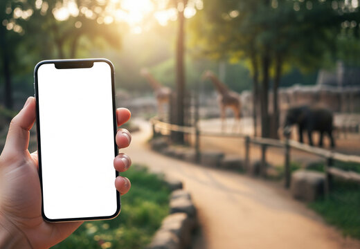 Mockup in Blurred Zoo Setting with Giraffes and Elephant at Sunset for Travel and Wildlife App Concept