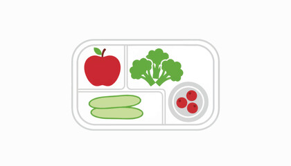 Healthy eating icon with a balanced meal in a lunch tray. Flat design vector illustration of a school lunch. Nutrition and wellness concept isolated on white background