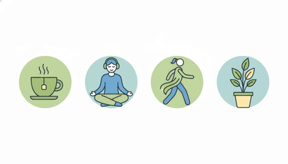 Wellness and self-care line icon set. Symbols for meditation, exercise, and relaxation. Modern flat design vector illustration