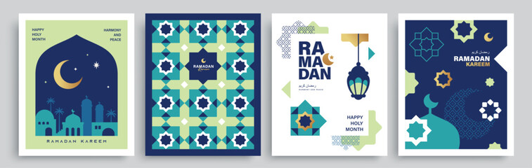 Set of Ramadan Kareem banner, poster, greeting card, cover design with mosque, crescent moon, lantern and typography in flat geometric style.   © LittleWhale