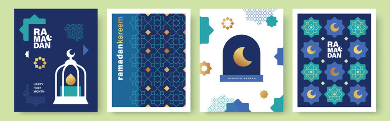 Set of Ramadan Kareem banner, poster, greeting card, cover design with mosque, crescent moon, lantern and typography in flat geometric style.   © LittleWhale
