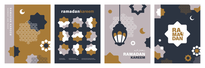 Set of Ramadan Kareem banner, poster, greeting card, cover design with mosque, crescent moon, lantern and typography in flat geometric style.   © LittleWhale