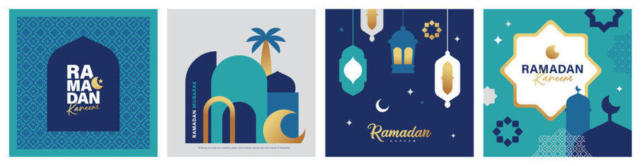 Set of Ramadan Kareem banner, poster, greeting card, cover design with mosque, crescent moon, lantern and typography in flat geometric style.   © LittleWhale