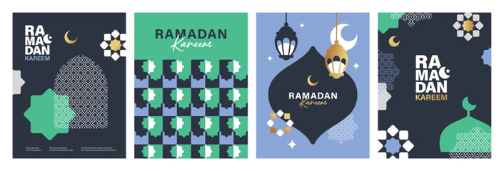 Set of Ramadan Kareem banner, poster, greeting card, cover design with mosque, crescent moon, lantern and typography in flat geometric style.   © LittleWhale
