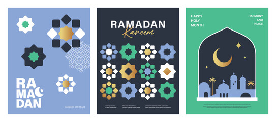 Set of Ramadan Kareem banner, poster, greeting card, cover design with mosque, crescent moon, stars and typography in flat geometric style.   © LittleWhale