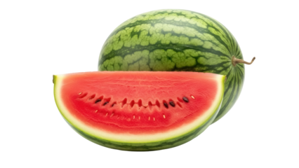 Isolated fresh watermelon with a sliced wedge, delicious fruit ready to eat and enjoy