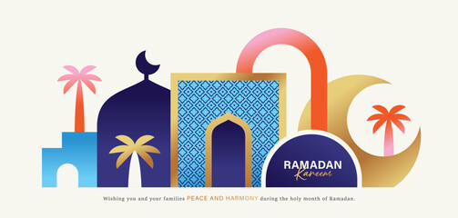 Ramadan Kareem banner, poster, greeting card, cover design with mosque, crescent moon, stars and typography in flat geometric style.   © LittleWhale