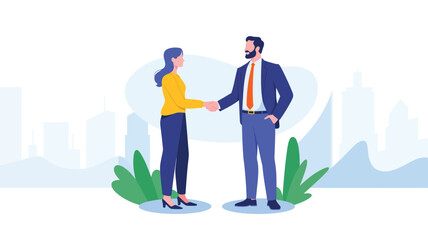 business handshake illustration of two professionals greeting each other, modern flat vector concept for partnership, teamwork, agreement and corporate success © Mushtaq