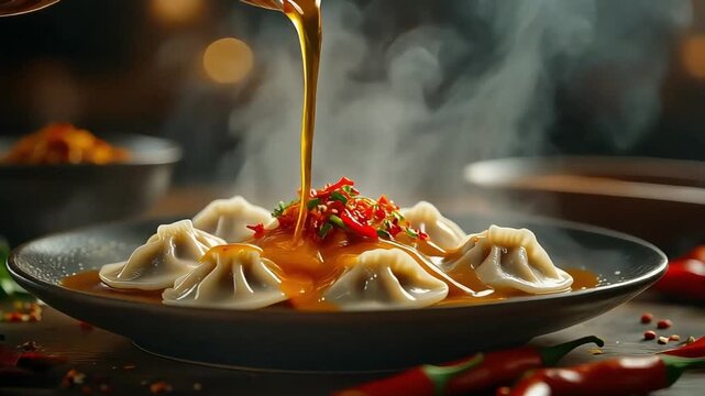 Capture a slow flowing drizzle of chili oil over dumplings with soft controlled motion steam waves and a rich culinary mood emphasizing appetizing sheen and texture