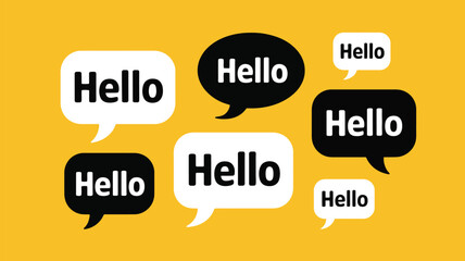 hello word speech bubbles collection on yellow background, modern greeting typography illustration for communication, social media, branding and design use