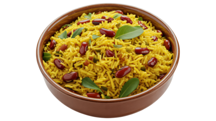A brown bowl filled with yellow rice, kidney beans, and green leaves, served on a white background, representing a nutritious and flavorful vegetarian meal option