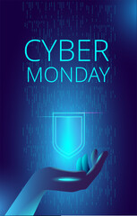 Hands hold a neon virtual shield on one of the data streams. Vector illustration on the topic of cybersecurity. Template for vertical banner. or poster.