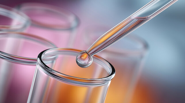 Pipette delivering a vibrant orange drop into a glass test tube, close up of precise liquid transfer during a controlled chemistry experiment in a modern laboratory setting