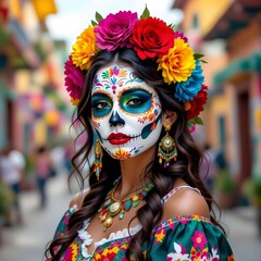 Colorful Day of the Dead Portrait with Traditional Sugar Skull Makeup and Floral Crown, Generated AI