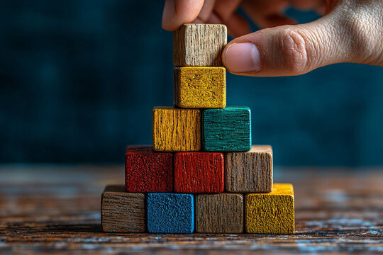 Closeup of a human hand carefully stacking colorful wooden blocks into a pyramid on a rustic wooden table, symbolizing growth, strategy, planning, and development.