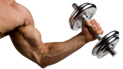 Muscular arm flexing with dumbbell, bicep curl exercise, fitness and workout, strong muscularity, healthy lifestyle, close up, white background