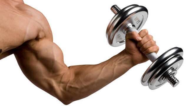 Muscular arm flexing with dumbbell, bicep curl exercise, fitness and workout, strong muscularity, healthy lifestyle, close up, white background